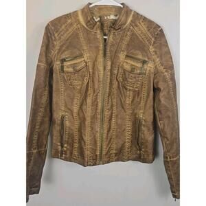 THRASHED J2 Camel Brown Faux Leather Jacket Crop LARGE Moto Steampunk Grunge Y2K